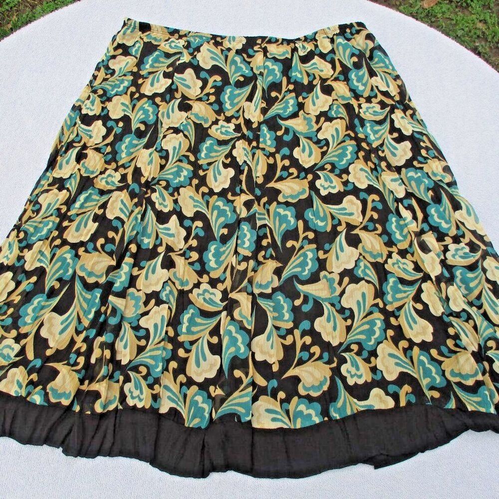 Hillard & Hanson Midi Skirt Women’s Large Black / Green Floral Lined Flowy